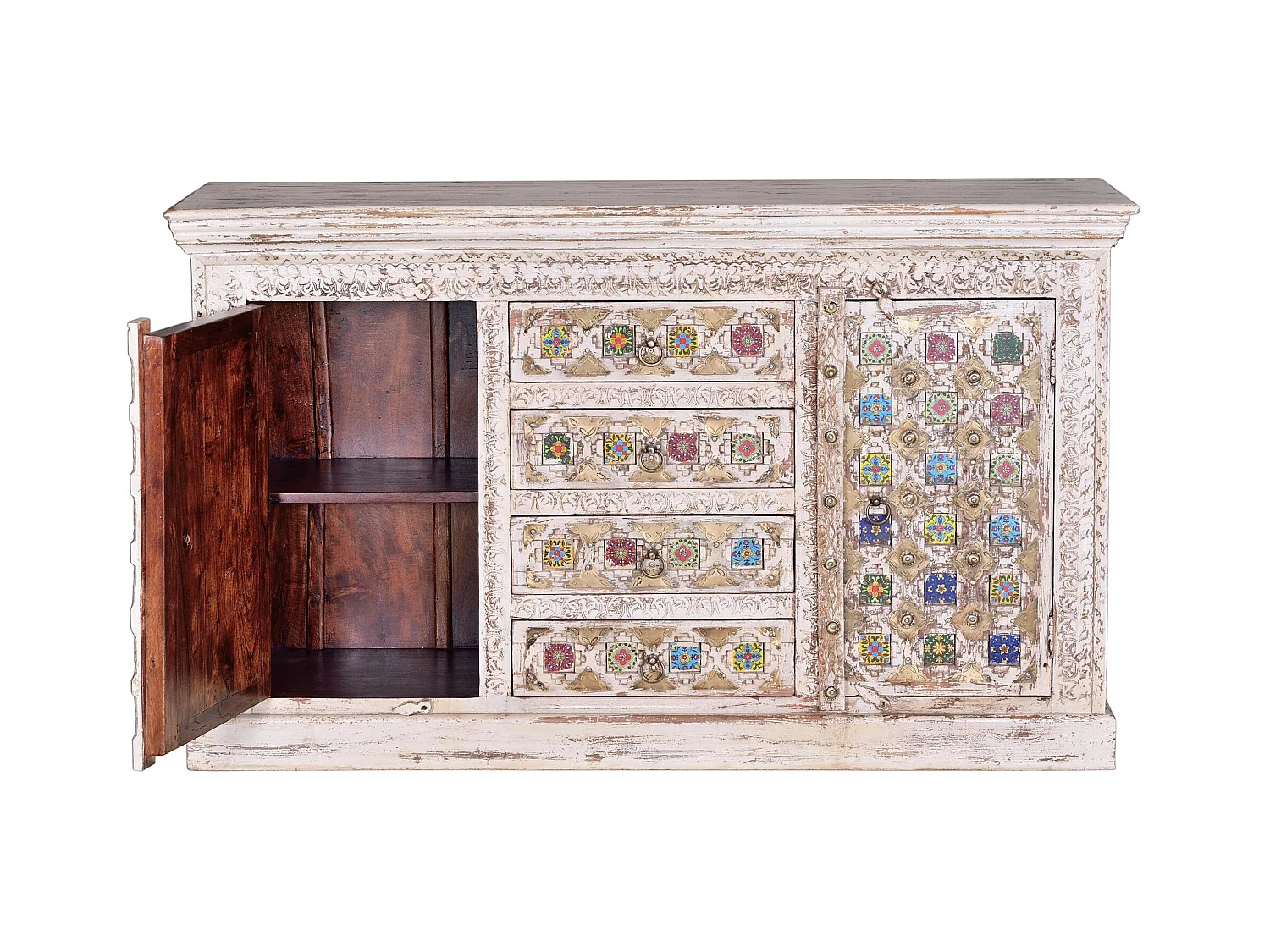 Aparador madera de mango detalles cerámica y bronce Blanco.Giner y Colomer 90x40x150