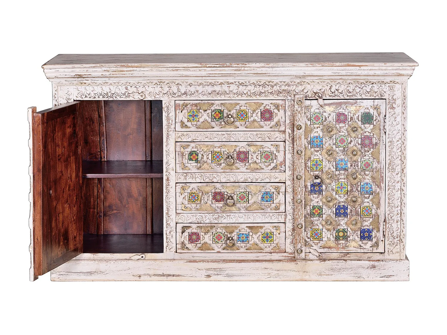 Buffet en bois de manguier avec détails en céramique