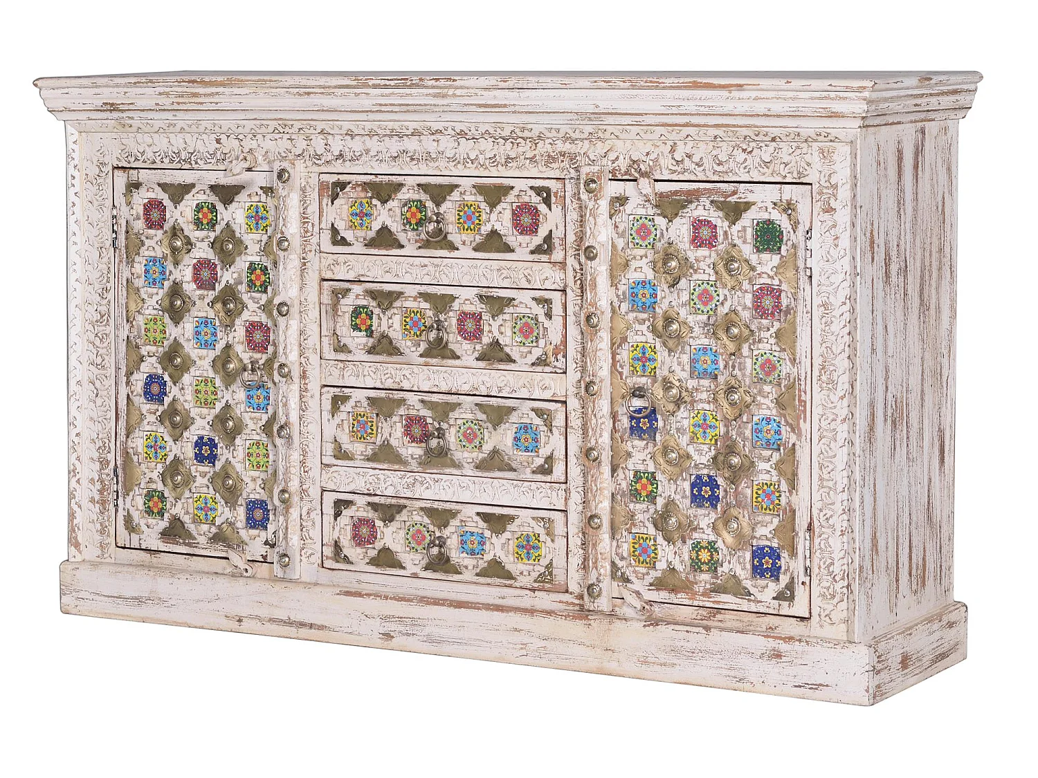 Sideboard aus Mangoholz mit Keramikdetails