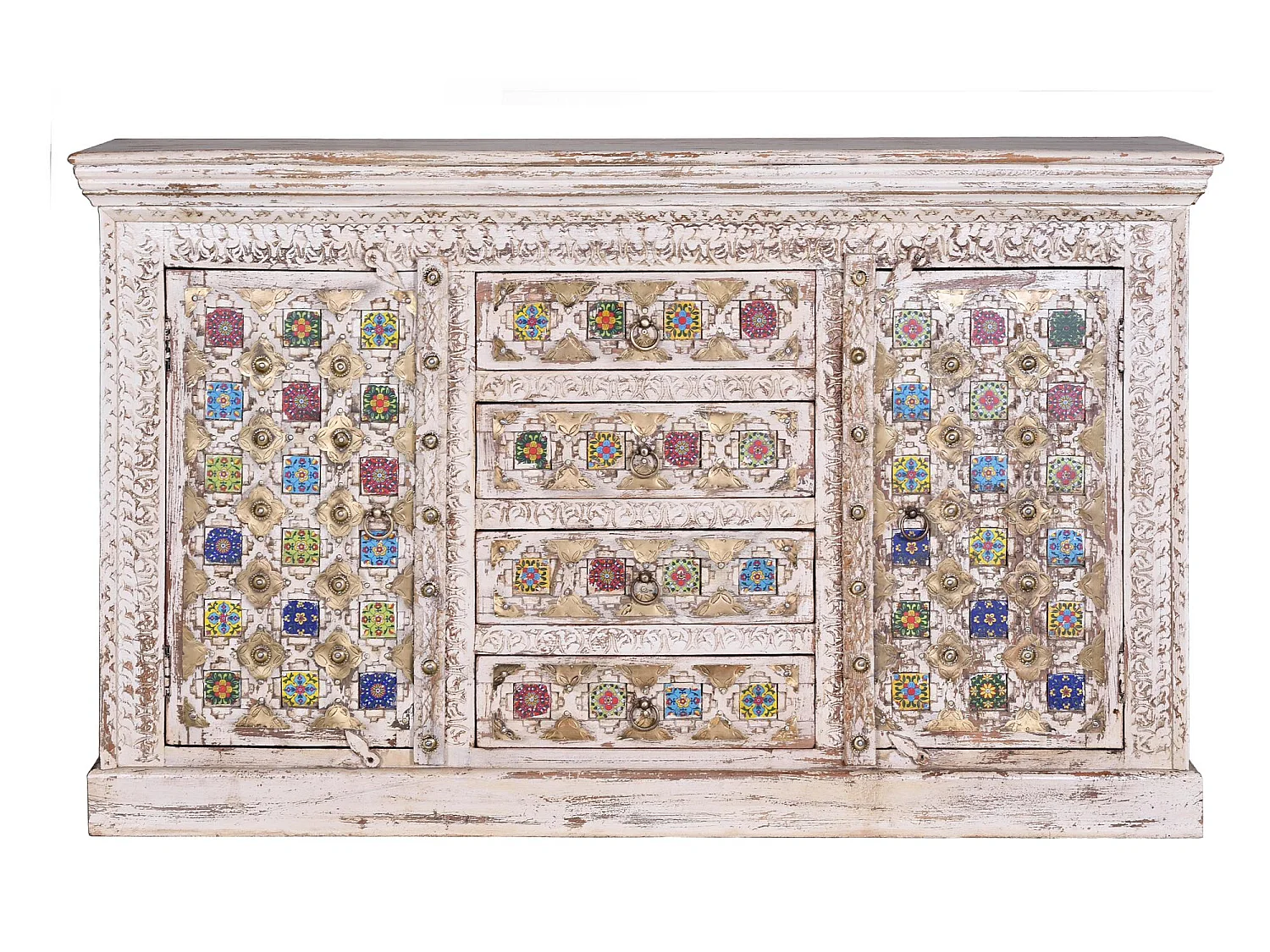 Sideboard aus Mangoholz mit Keramikdetails