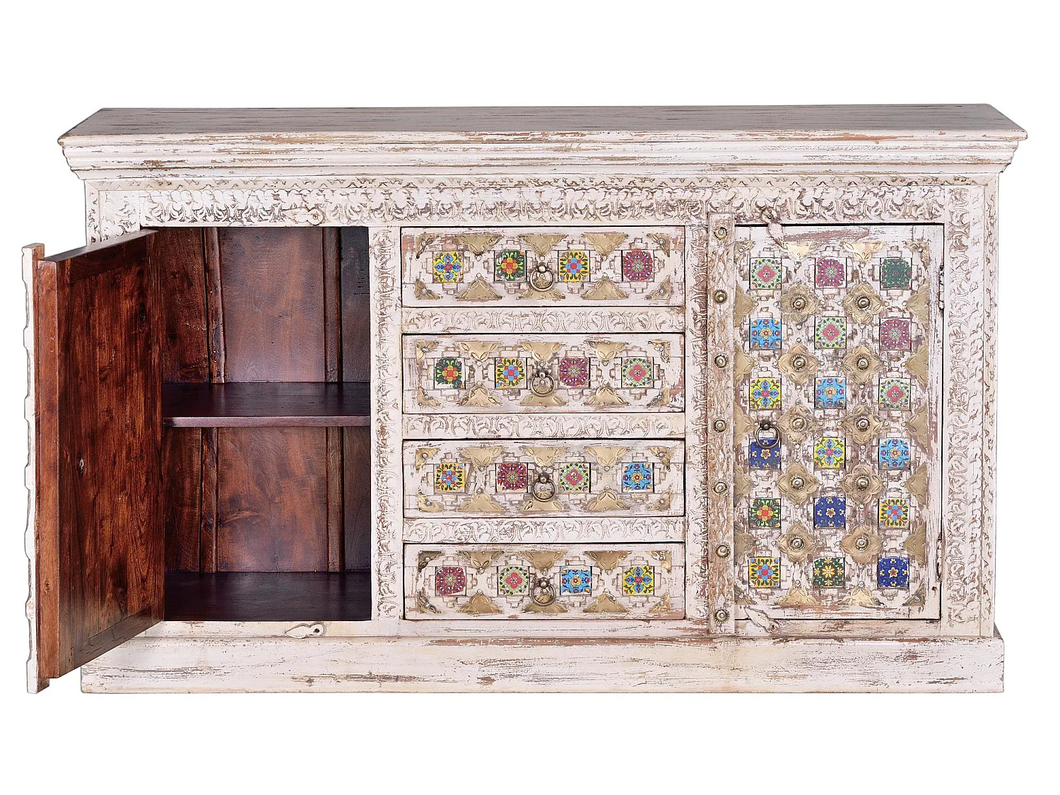 Sideboard aus Mangoholz mit Keramikdetails