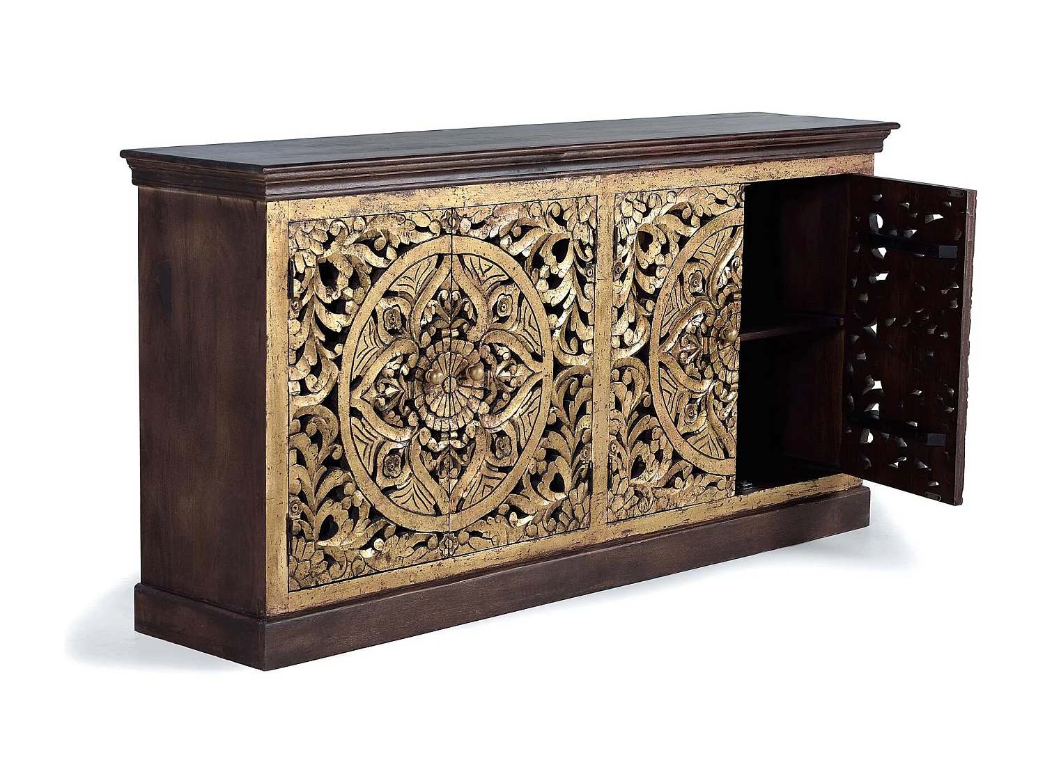 Buffet en bois de manguier sculptée et feuille d'or