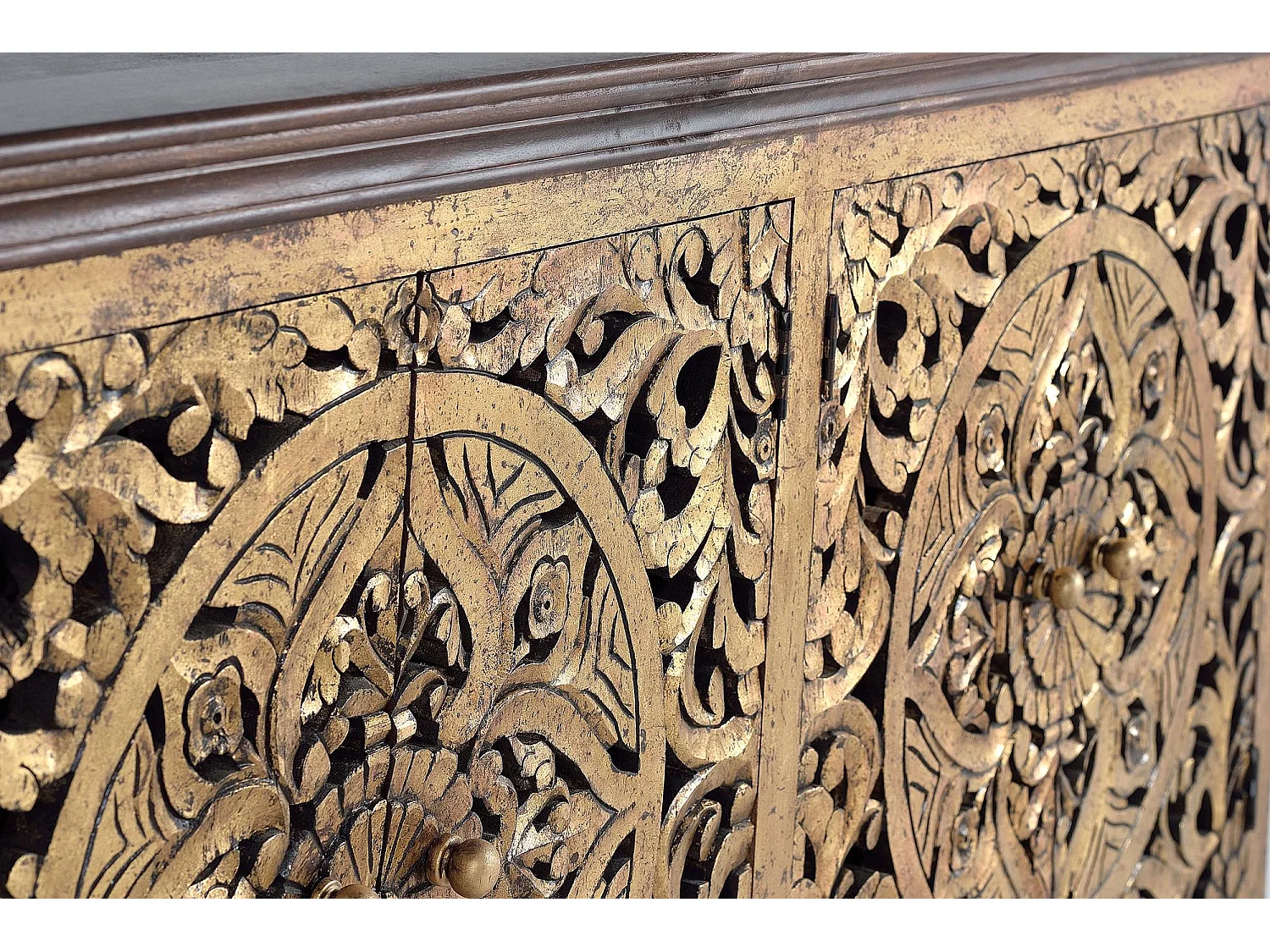 Buffet en bois de manguier sculptée et feuille d'or