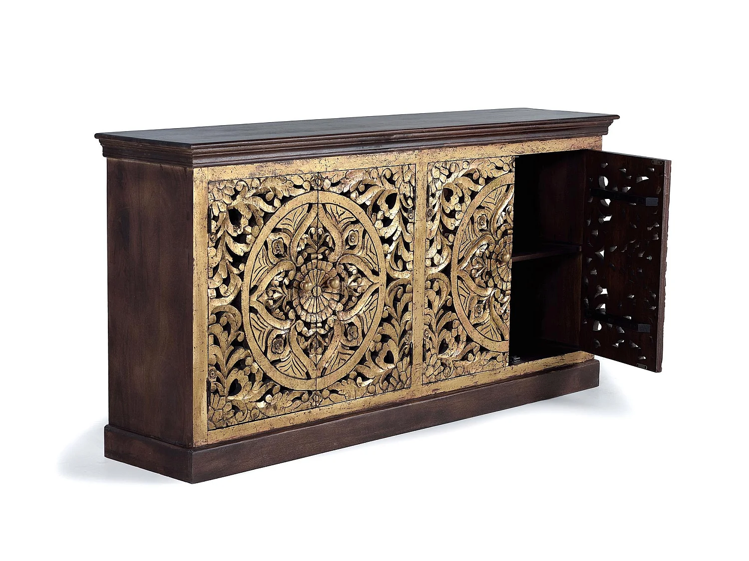 Buffet en bois de manguier sculptée et feuille d'or