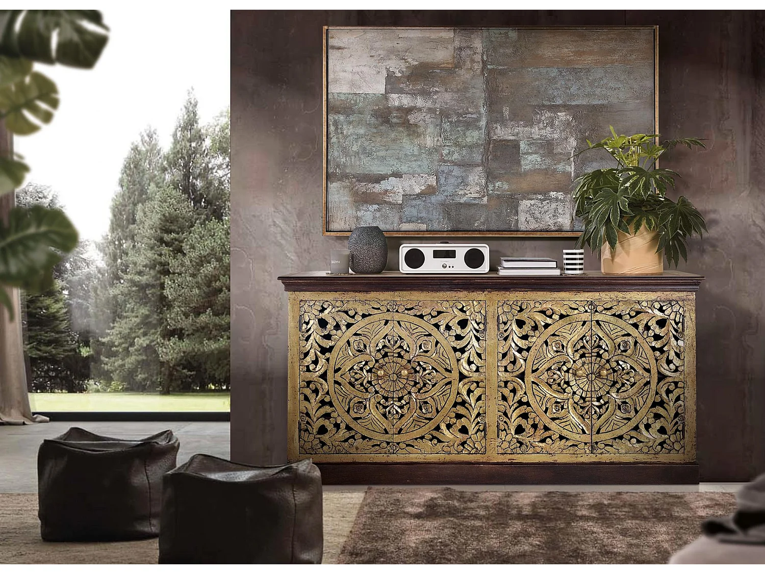 Buffet en bois de manguier sculpté, style bohème - 90 x 180 x 40
