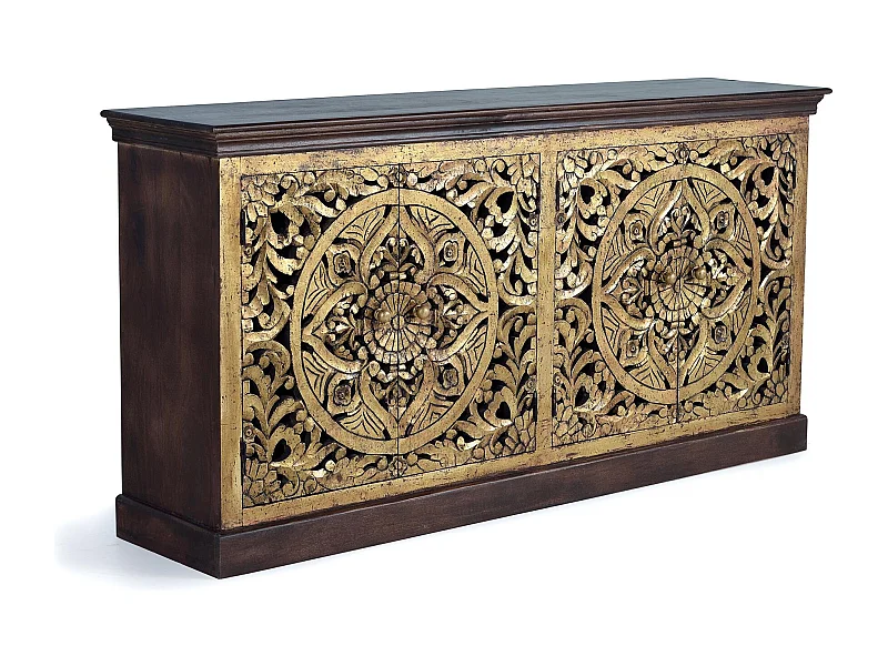 Buffet en bois de manguier sculptée et feuille d'or