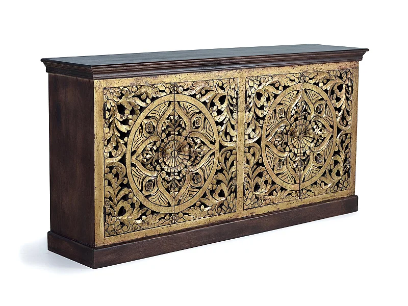 Buffet en bois de manguier sculptée et feuille d'or