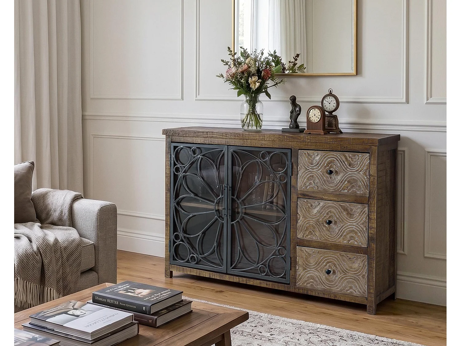 Buffet en bois de manguier de style industriel moderne - 96 x 140 x 40