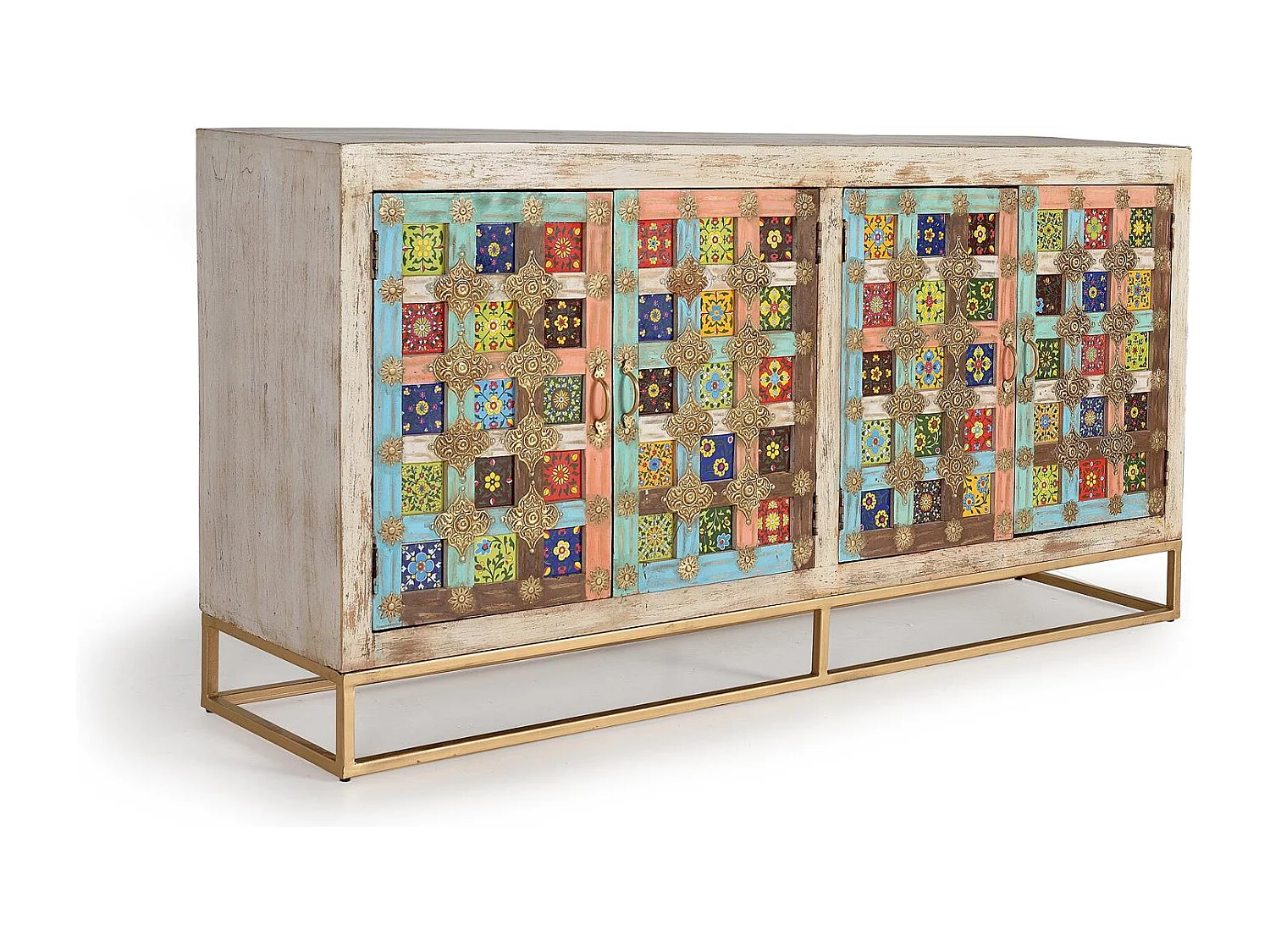 Aparador multicolor con detalles en bronce  90x180x40