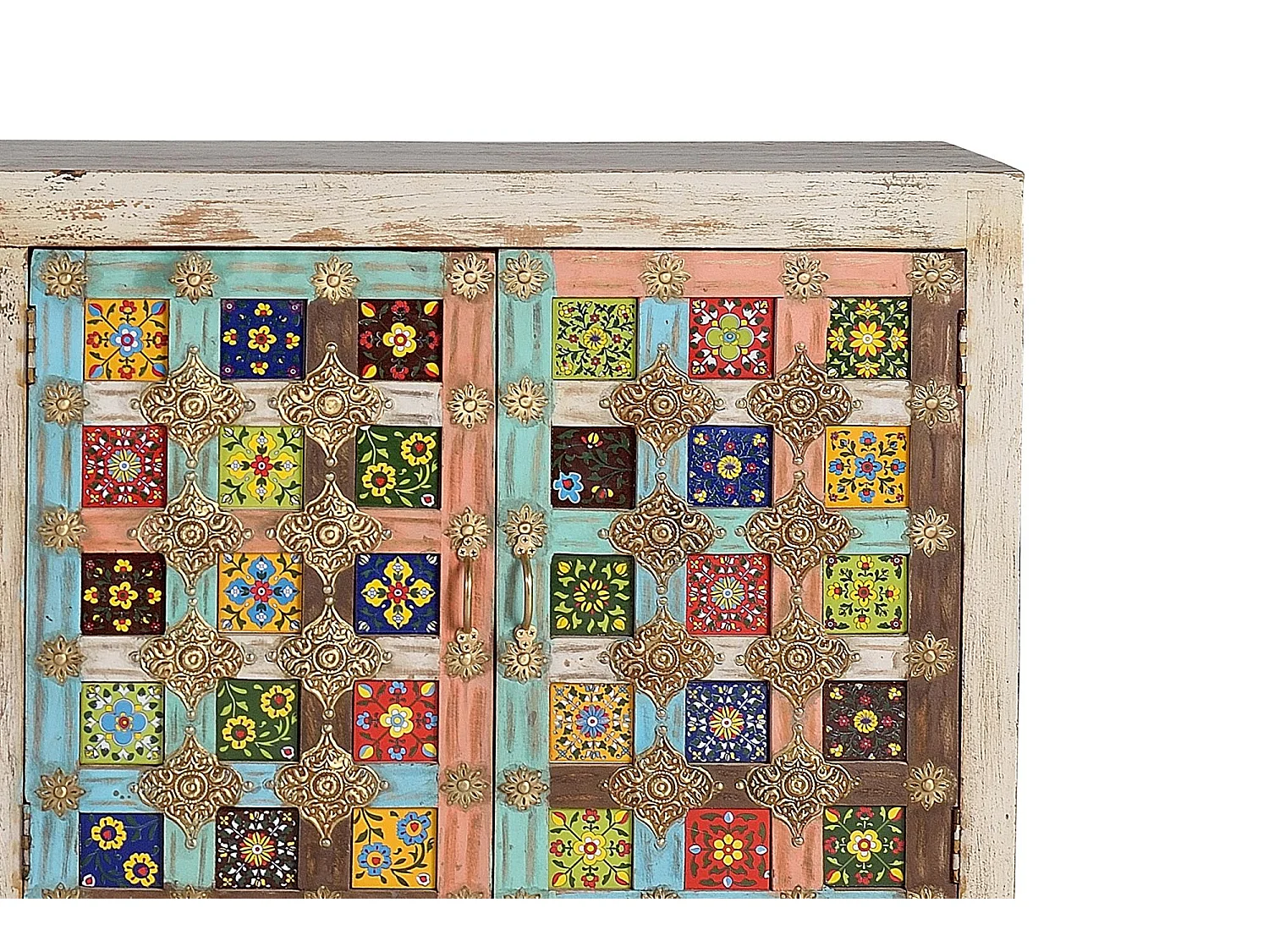 Aparador multicolor con detalles en bronce  90x180x40