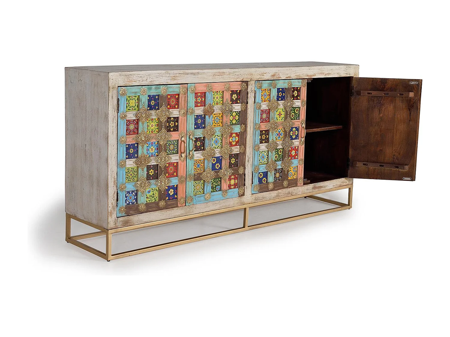 Buffet en bois de manguier avec details en maiolique et pieds en métal