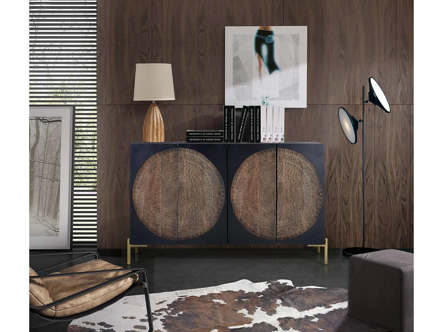 Buffet en bois de manguier, style ethnique rustique - 90 x 145 x 40