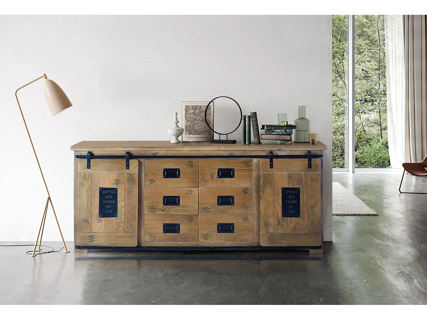 Buffet en bois de manguier, style industriel - 80 x 190 x 45