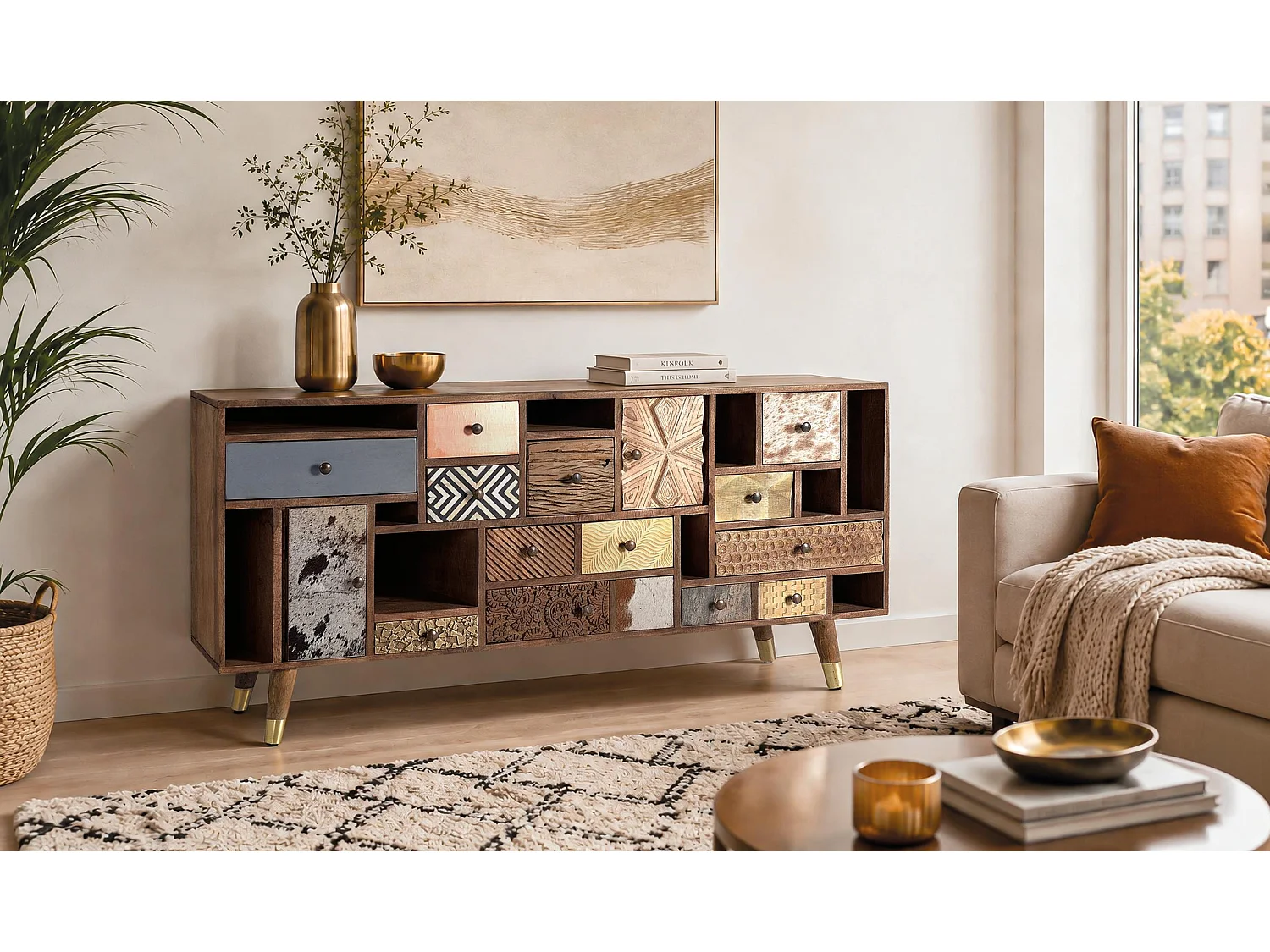 Buffet en bois de manguier, style bohème rétro - 76 x 160 x 40
