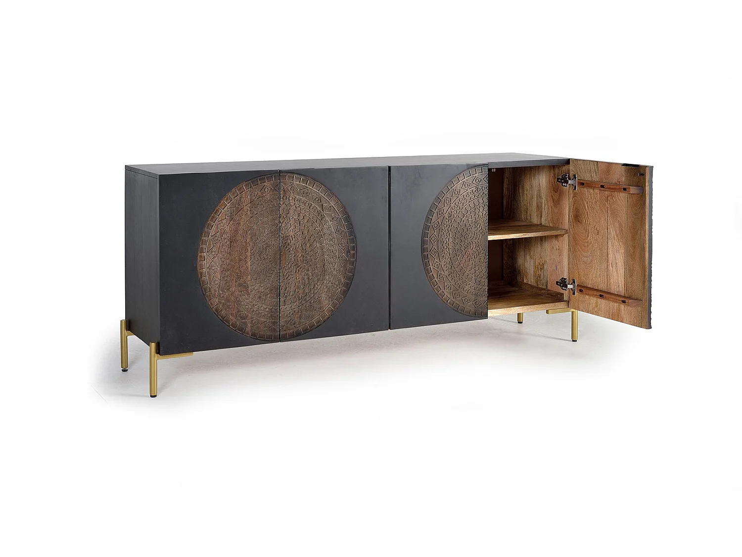 Buffet en bois de manguier, style ethnique rustique - 77 x 173 x 45