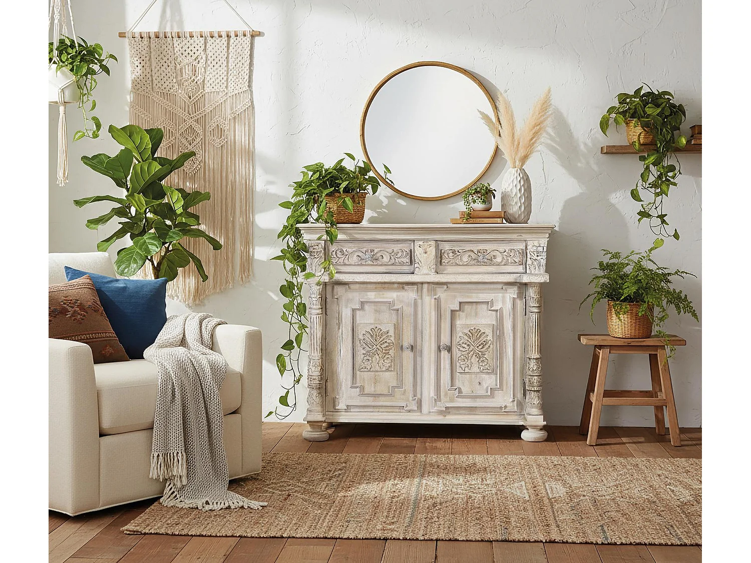 Buffet en bois de manguier, style colonial rustique - 100 x 120 x 45