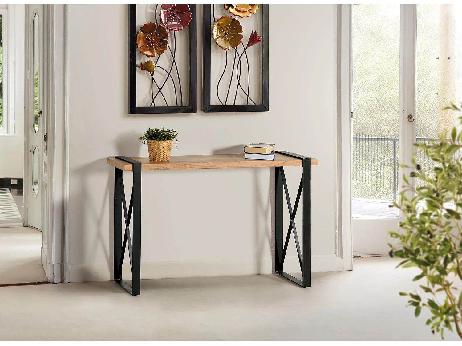 Konsola z drewna akacjowego i metalu