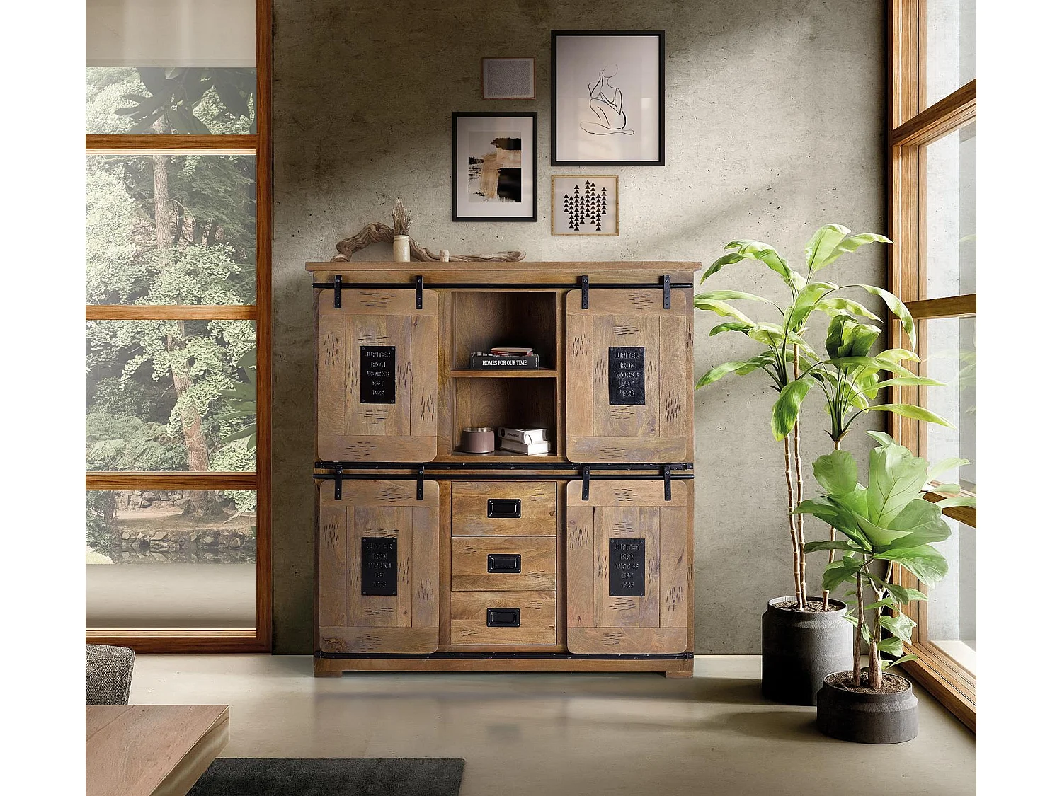 Armoire en bois de manguier 150 cm, style industriel - 160 x 150 x 45