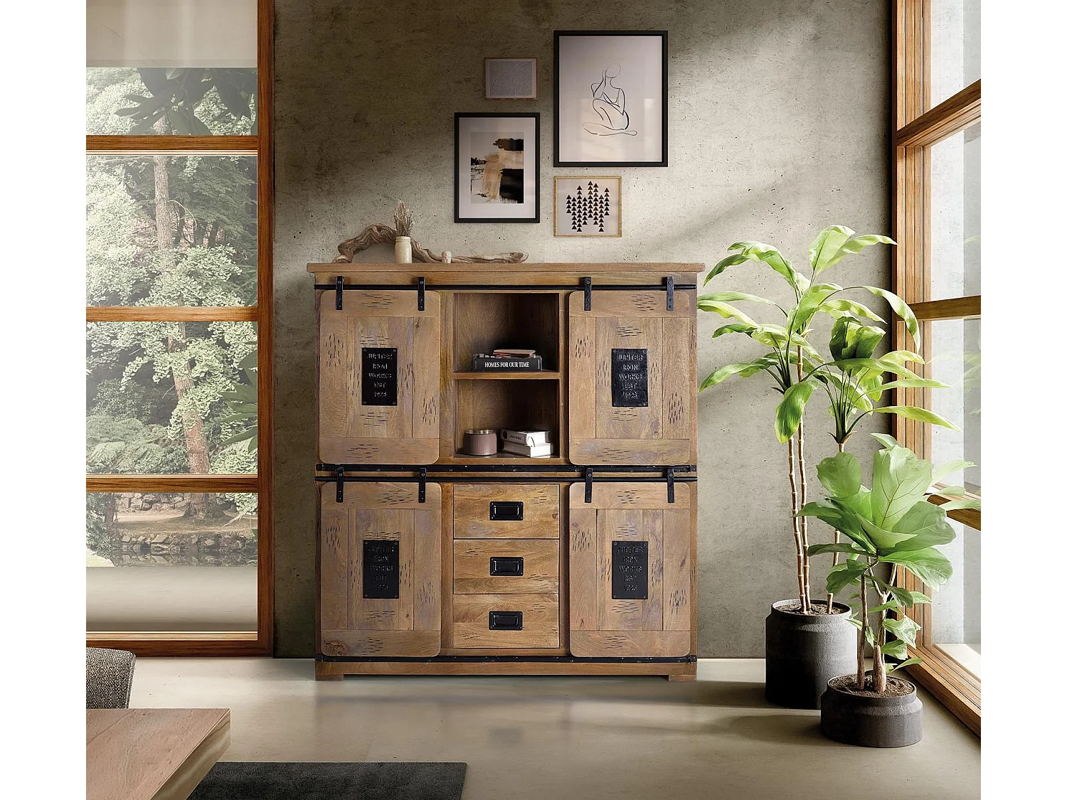 Armoire en bois de manguier 150 cm, style industriel - 160 x 150 x 45