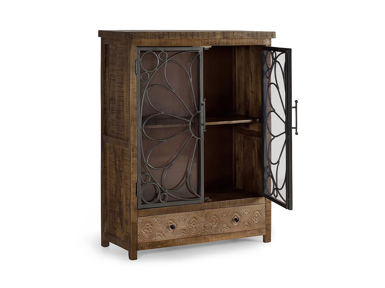 Vitrine en bois de manguier 100 cm, style industriel moderne - 130 x 100 x 40 cm