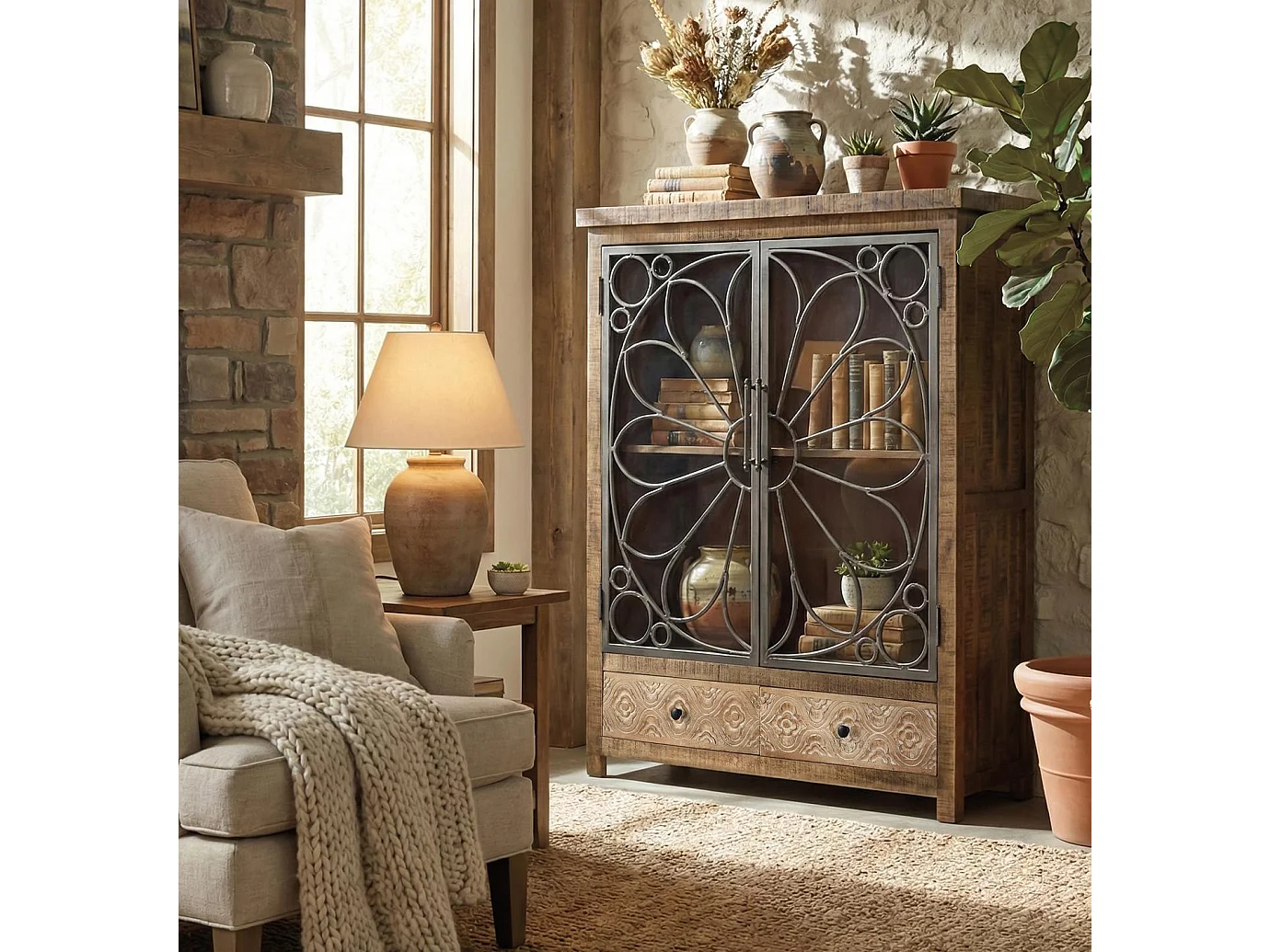 Vitrine en bois de manguier 100 cm, style industriel moderne - 130 x 100 x 40 cm