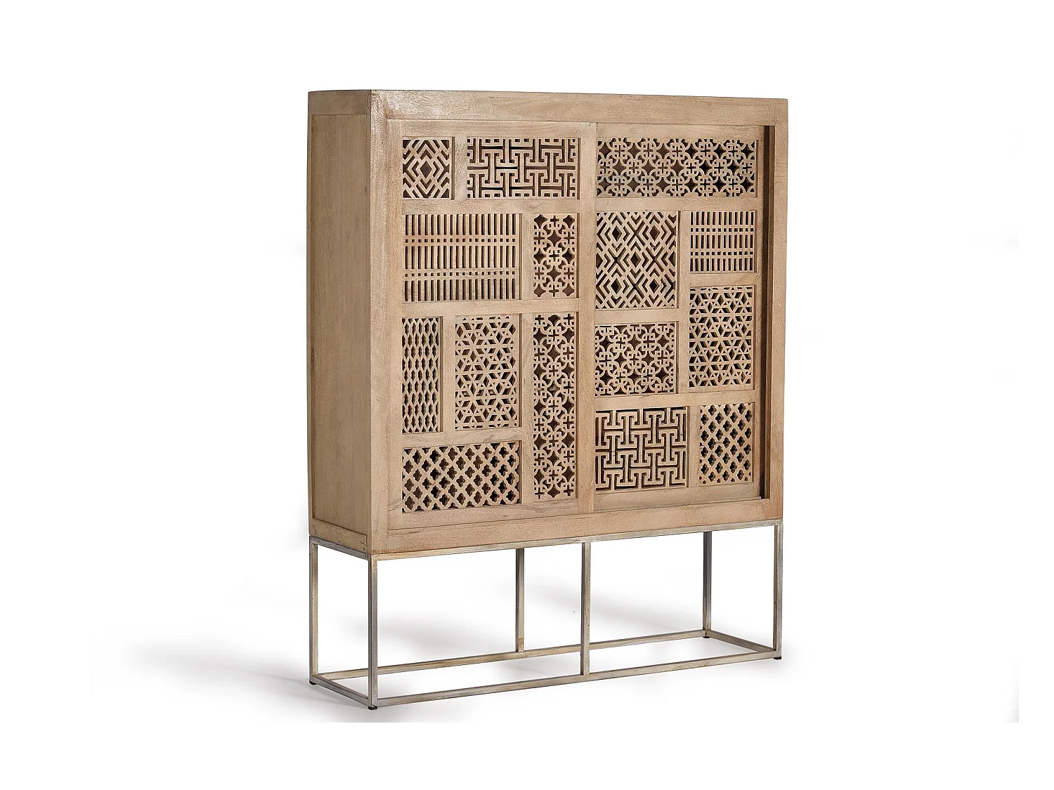 Witryna z drewna tekowego i metalowymi nogami w kolorze naturalnym