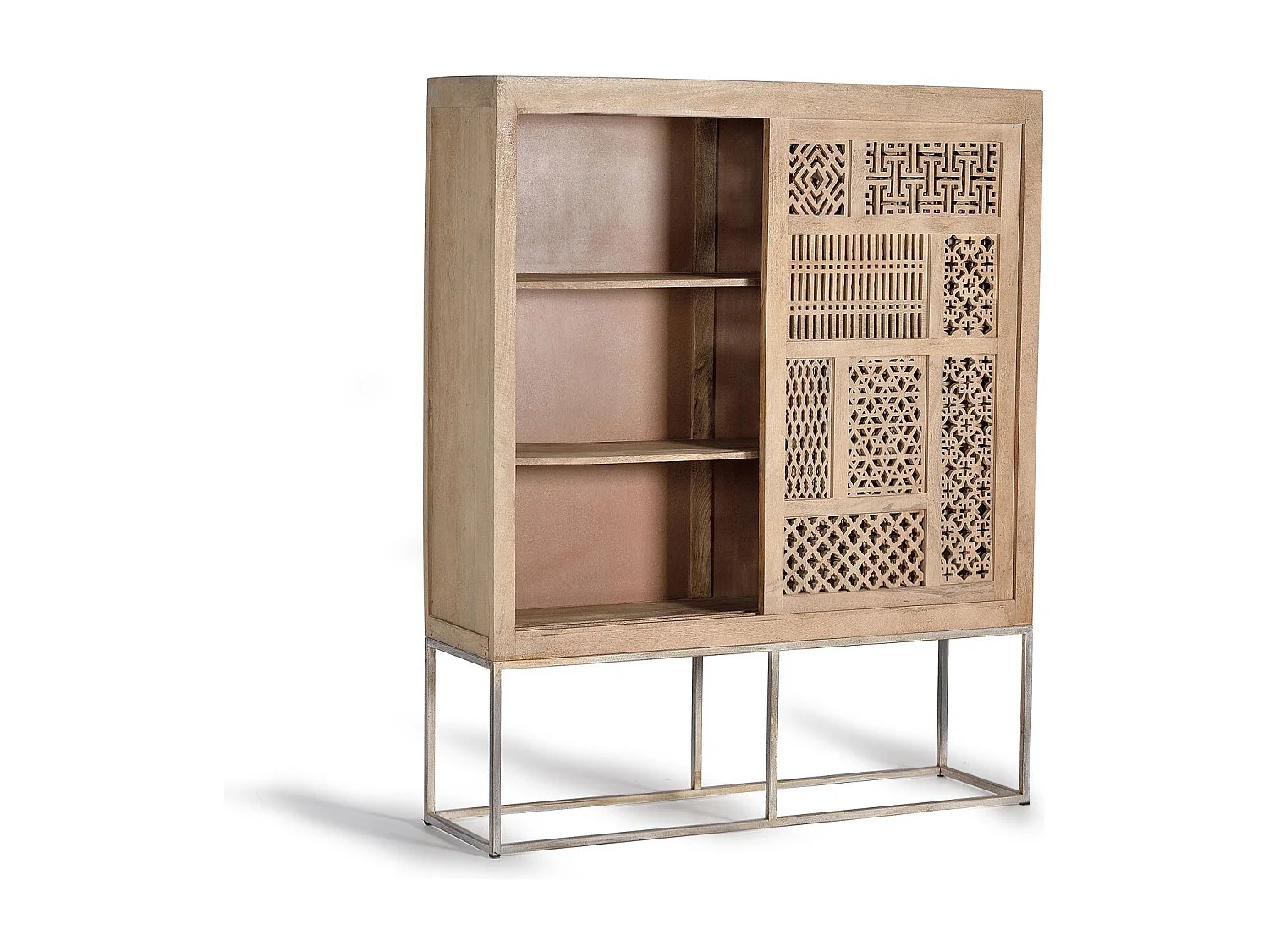 Vitrine en bois de teck et pieds en métal de couleur naturelle