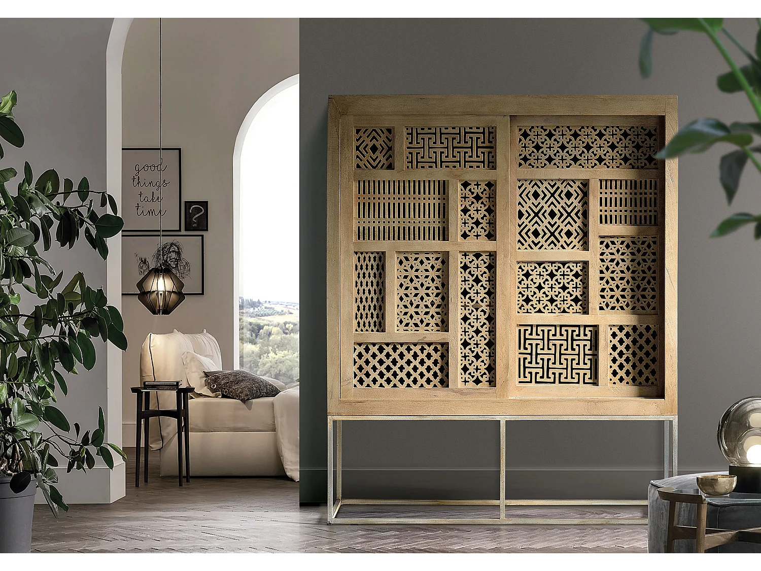 Buffet en bois de manguier sculpté style bohème 140 cm - 170 x 140 x 40 cm