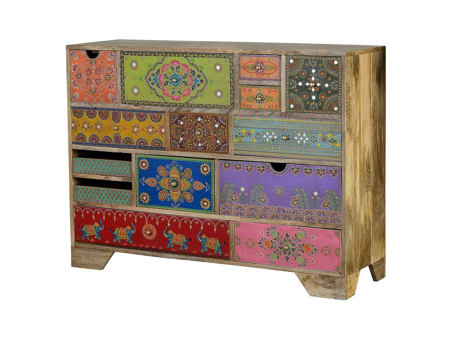 Commode en bois de manguier avec détails multicolores peints à la main