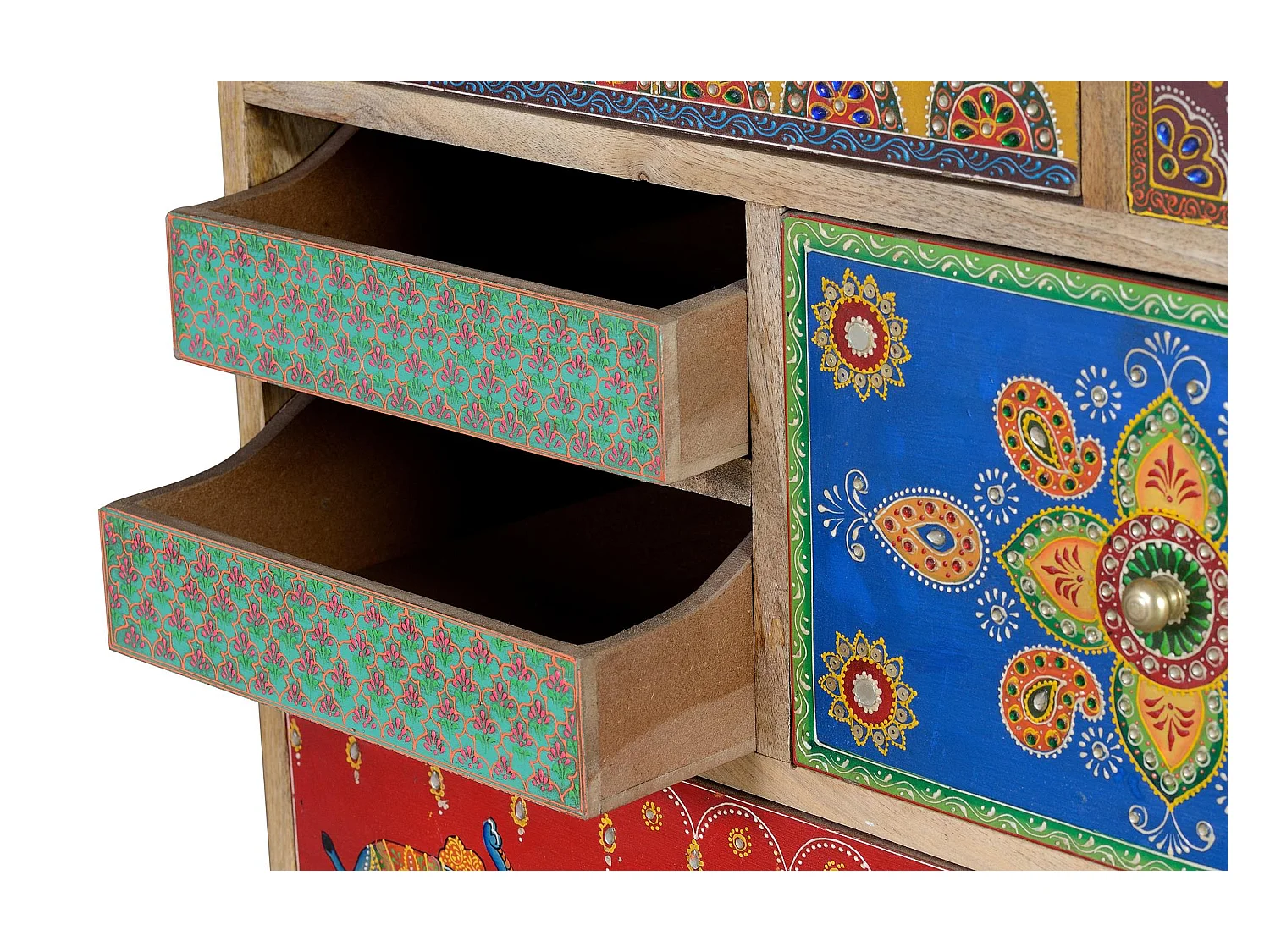 Commode en bois de manguier avec détails multicolores peints à la main