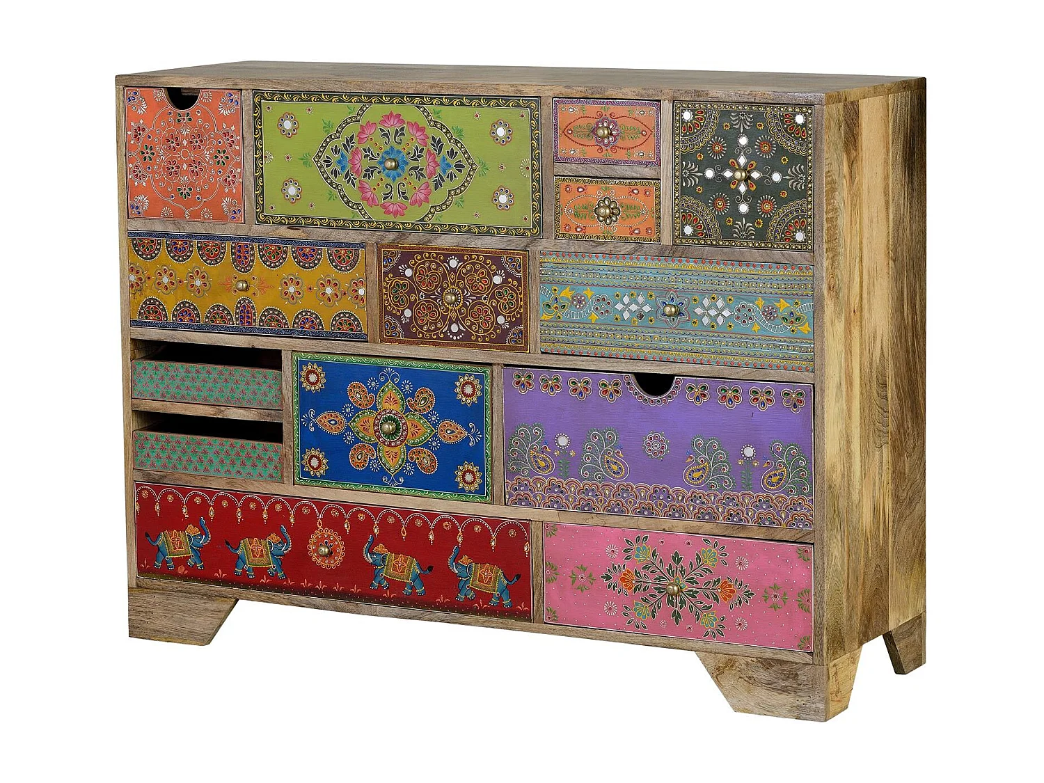 Commode en bois de manguier avec détails multicolores peints à la main