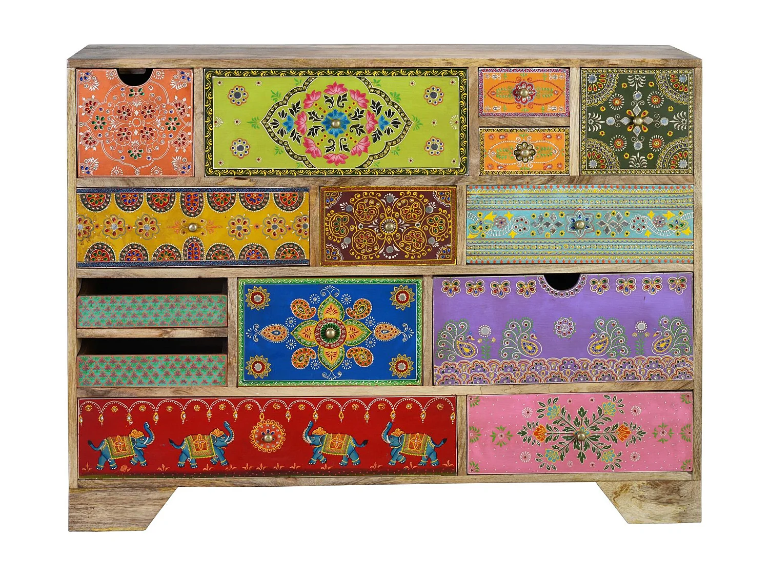 Commode en bois de manguier avec détails multicolores peints à la main
