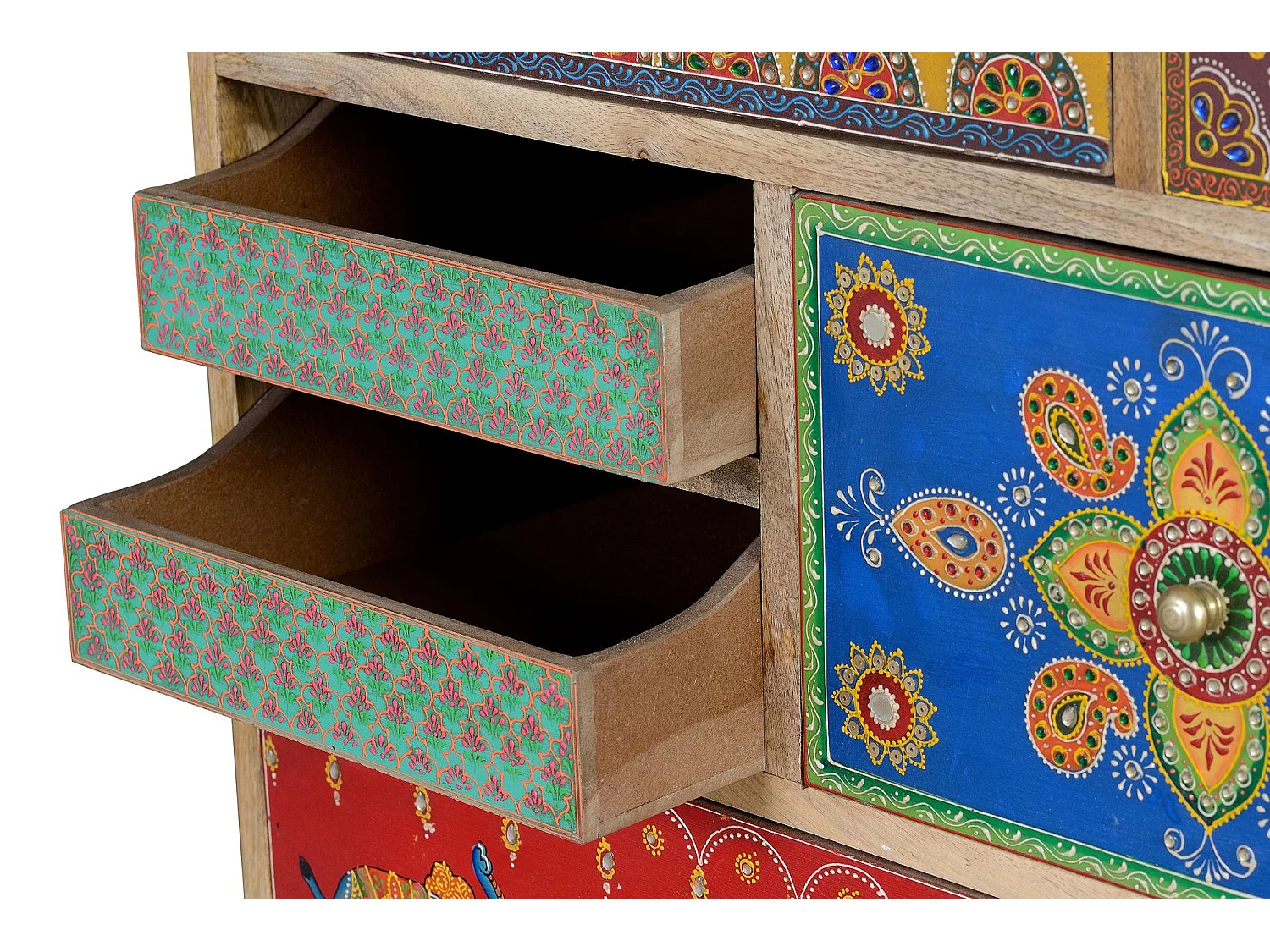 Commode en bois de manguier avec détails multicolores peints à la main