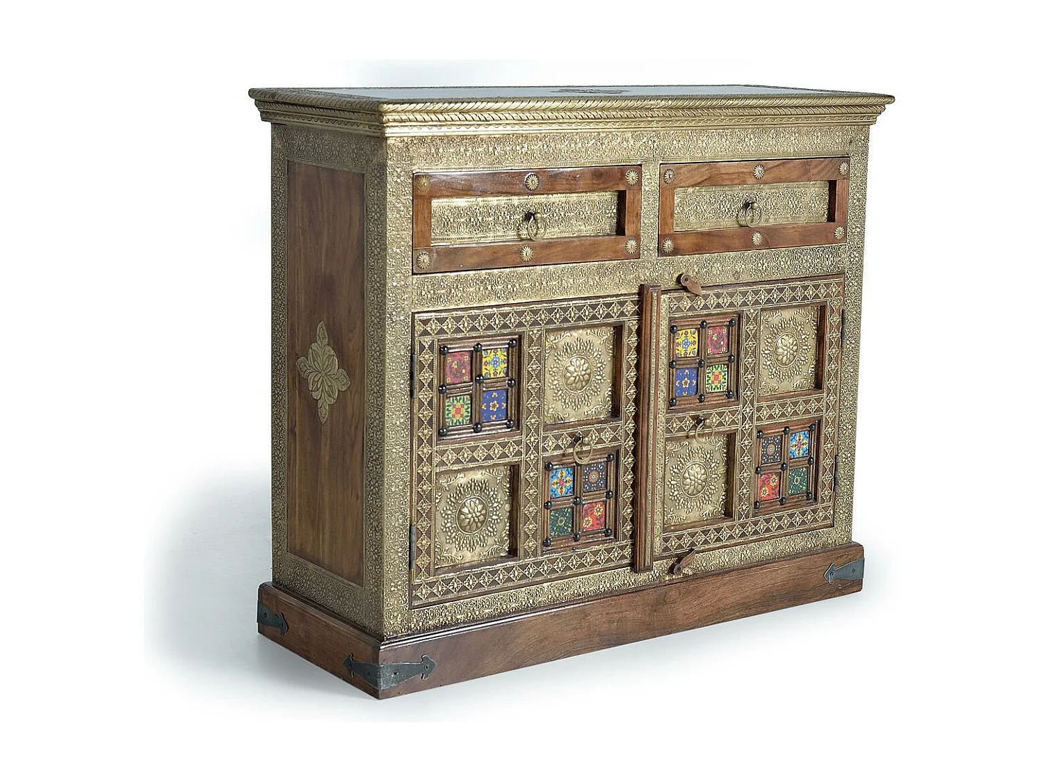 Kommode aus Akazienholz, Keramik und Bronze