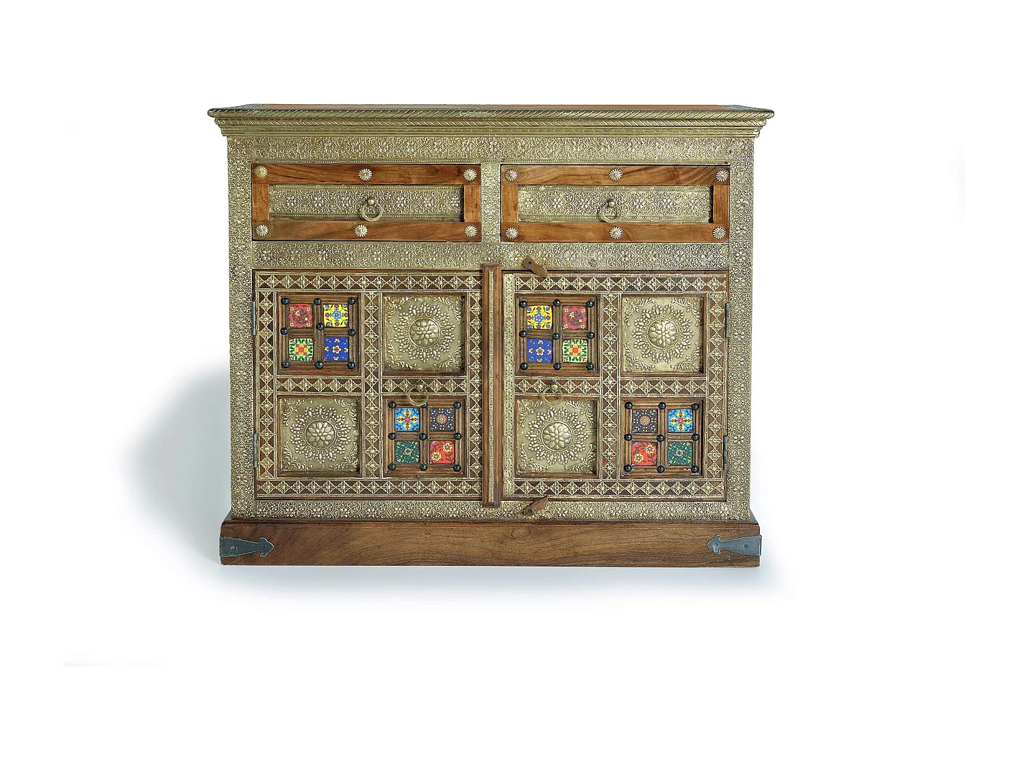 Commode en bois d'acacia, céramique et bronze