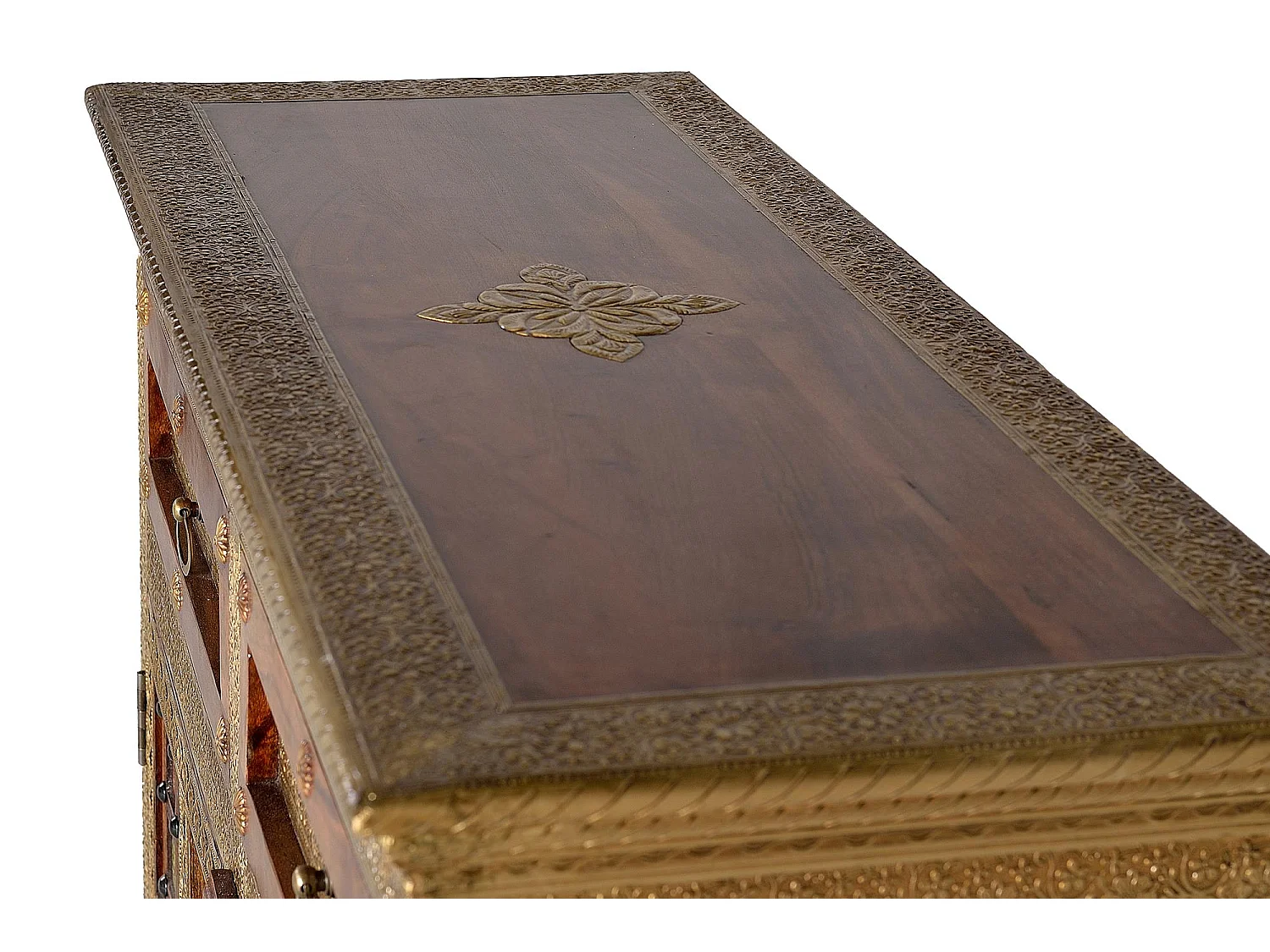 Commode en bois d'acacia, céramique et bronze