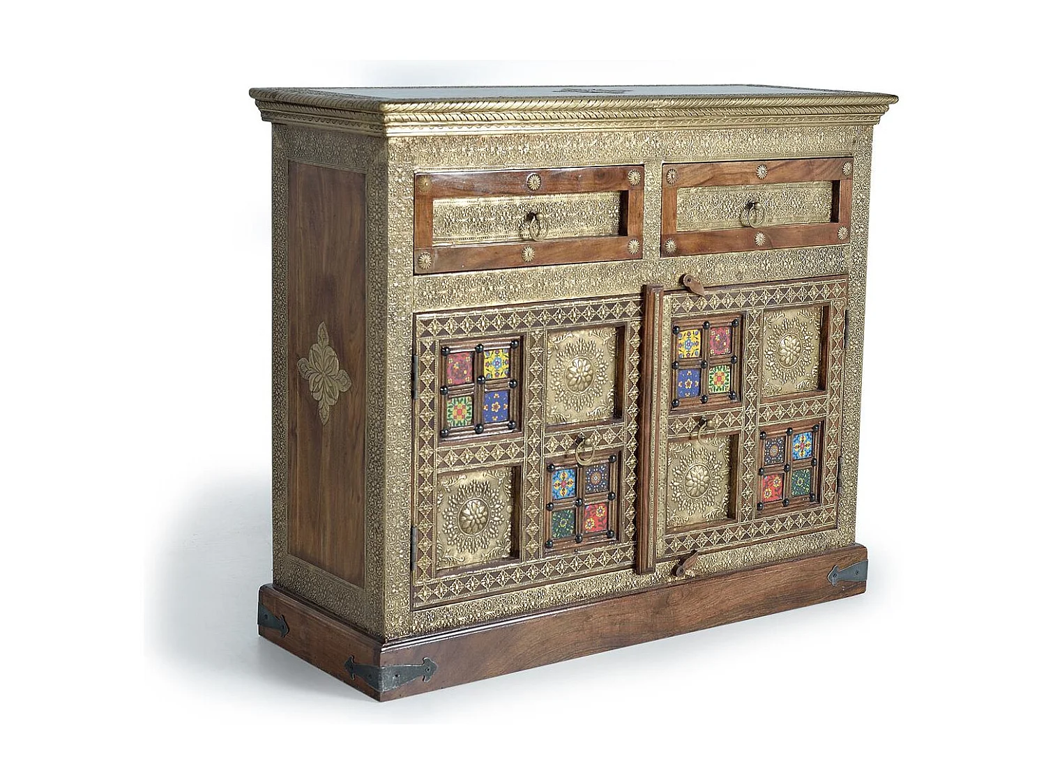 Commode en bois d'acacia, céramique et bronze