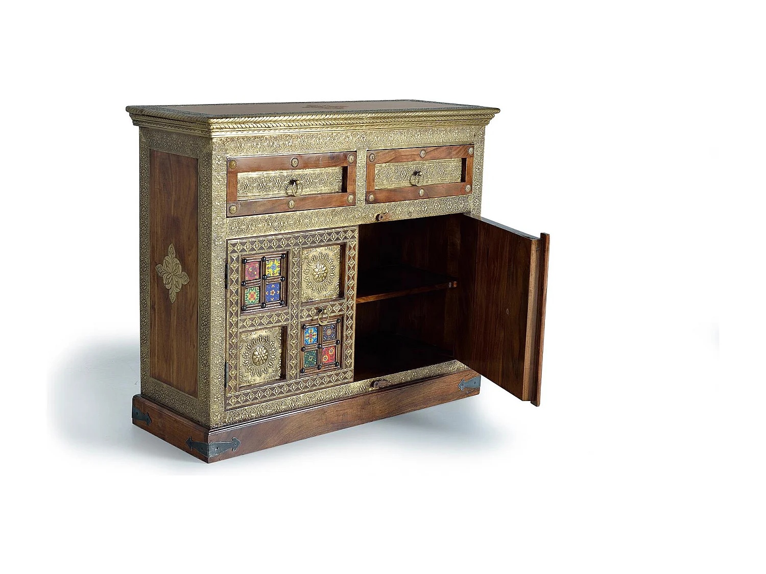 Commode en bois d'acacia, céramique et bronze