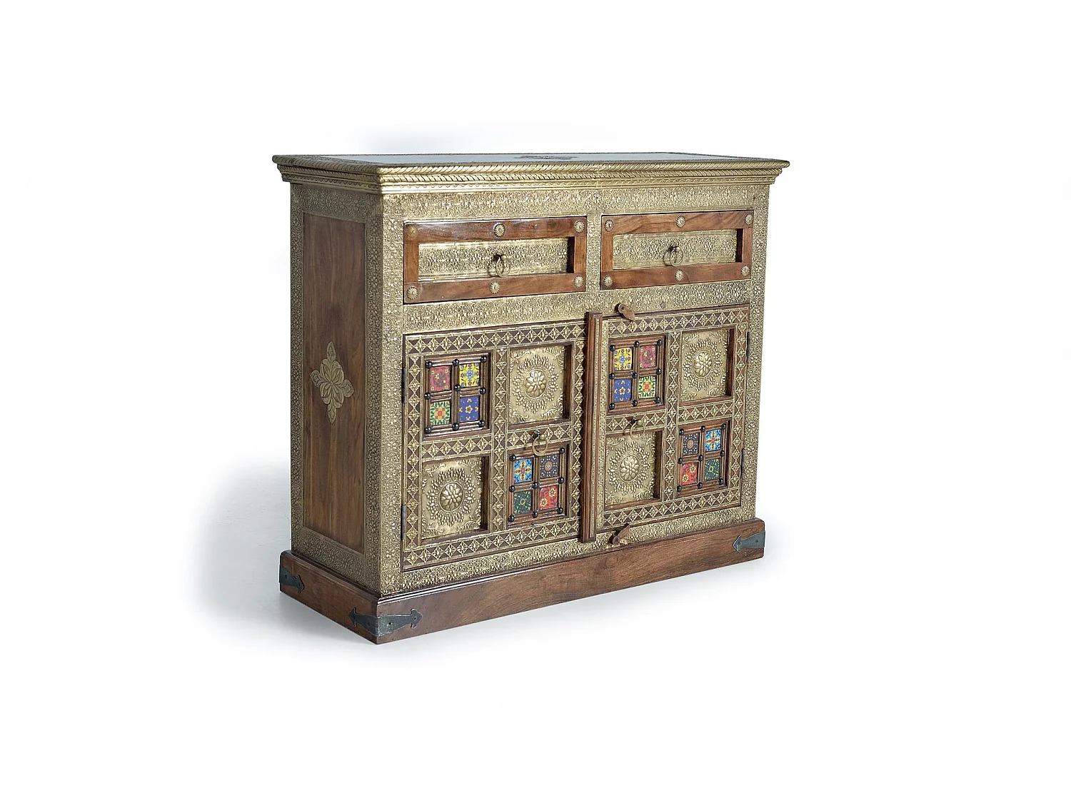 Commode en bois d'acacia 105 cm, style ethnique artisanal - 90 x 105 x 40