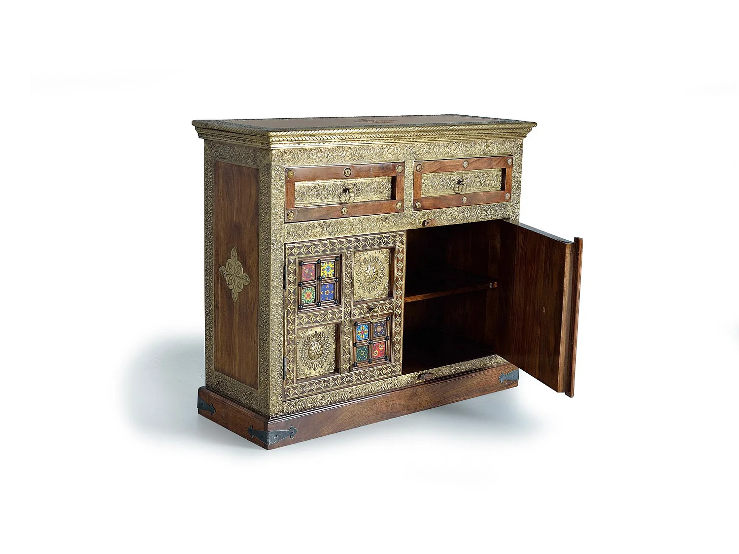Commode en bois d'acacia 105 cm, style ethnique artisanal - 90 x 105 x 40