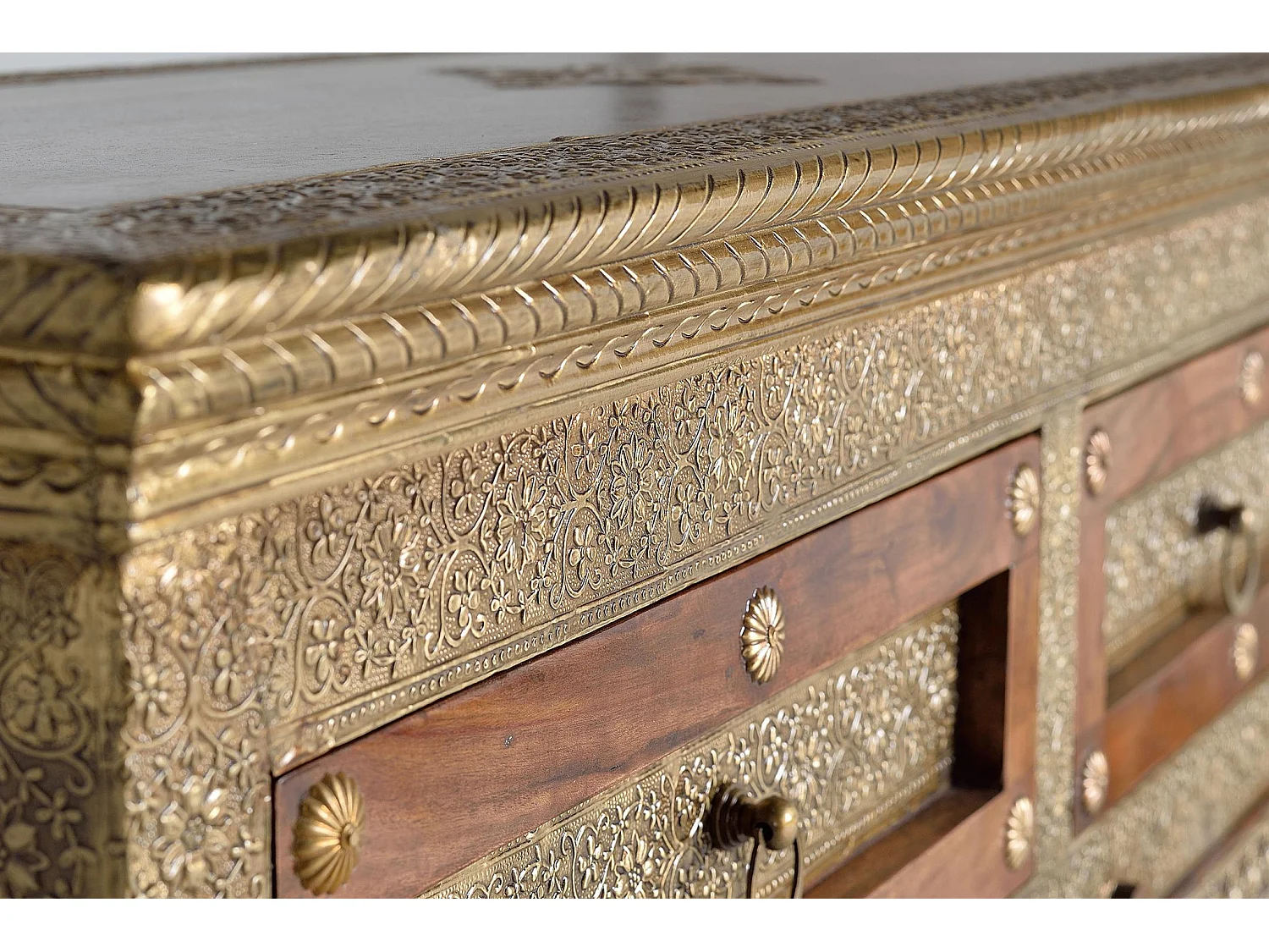 Commode en bois d'acacia 105 cm, style ethnique artisanal - 90 x 105 x 40