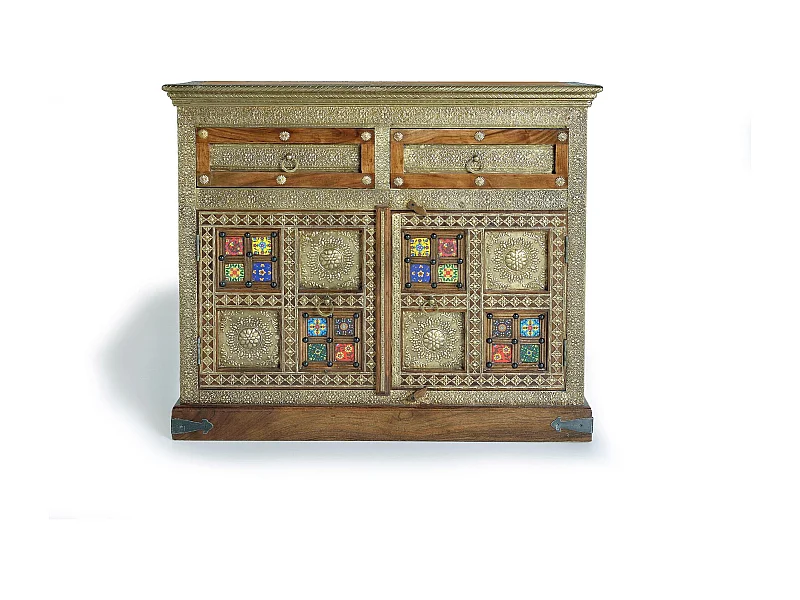 Commode en bois d'acacia, céramique et bronze