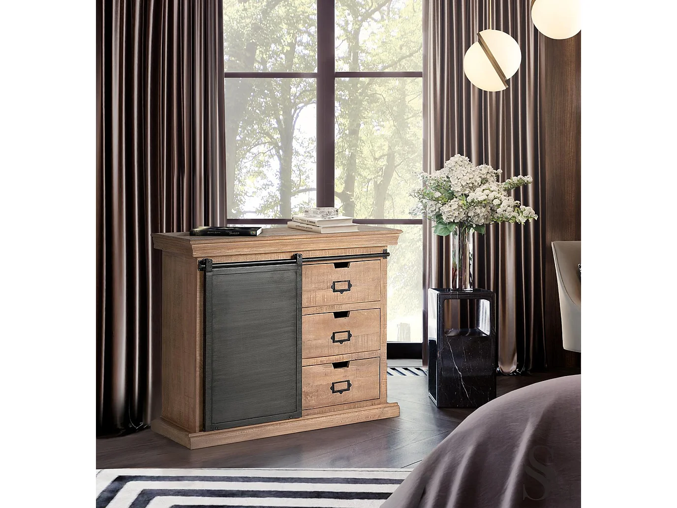 Commode en bois de manguier 100 cm, style industriel moderne - 85 x 100 x 40