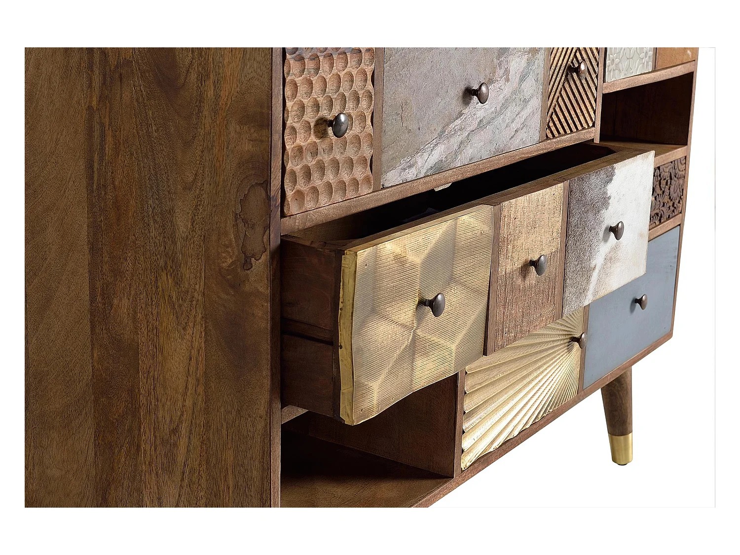 Commode en bois de manguier avec tiroirs de différentes textures