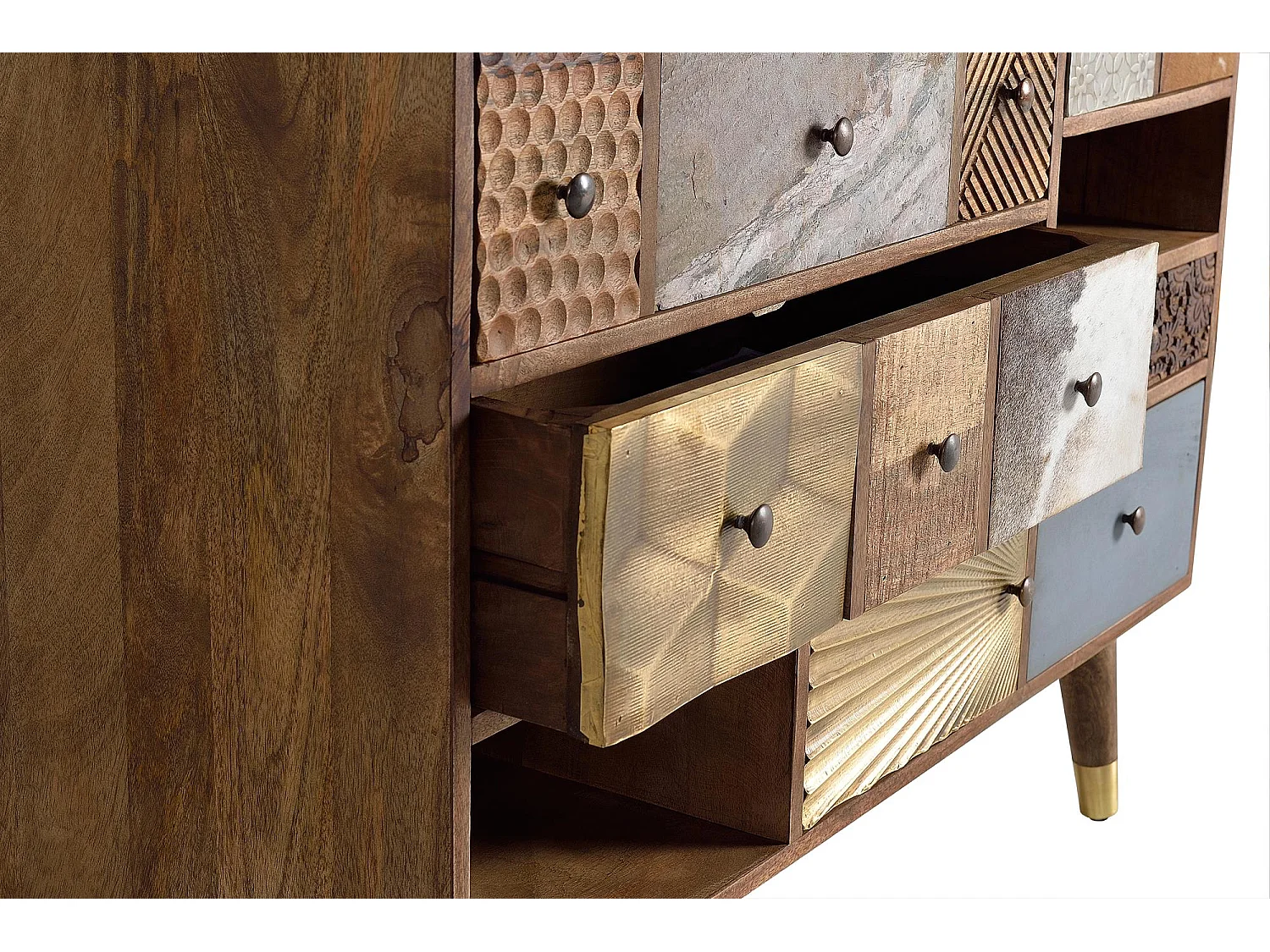 Commode en bois de manguier avec tiroirs de différentes textures