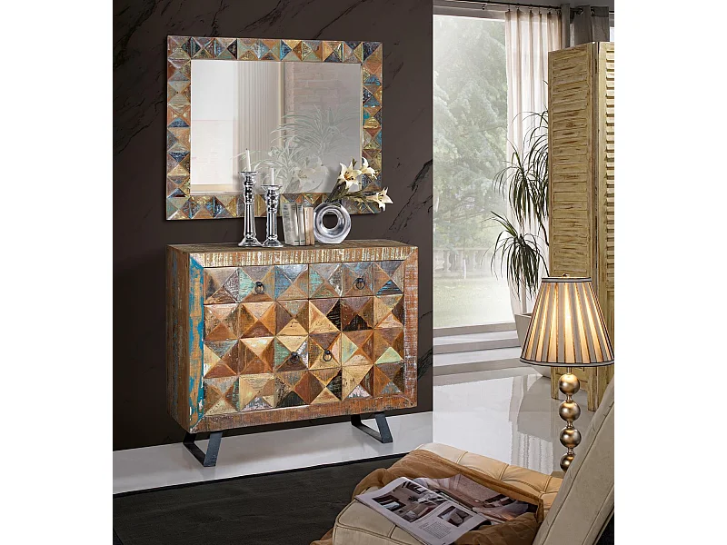 Commode exclusive en bois recyclé multicolore