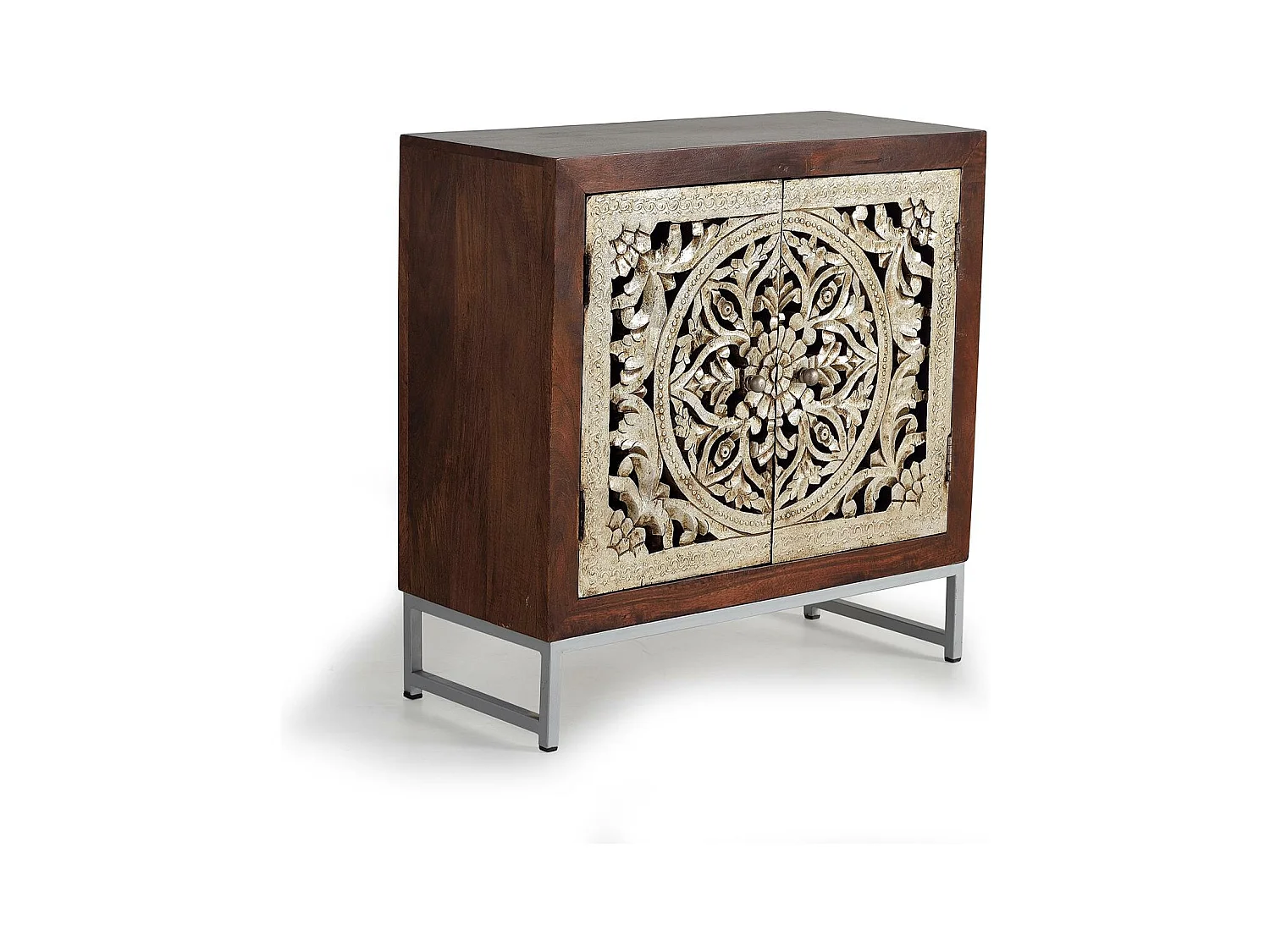 Buffet 2 portes en bois de manguier sculptée et  feuille d'argent