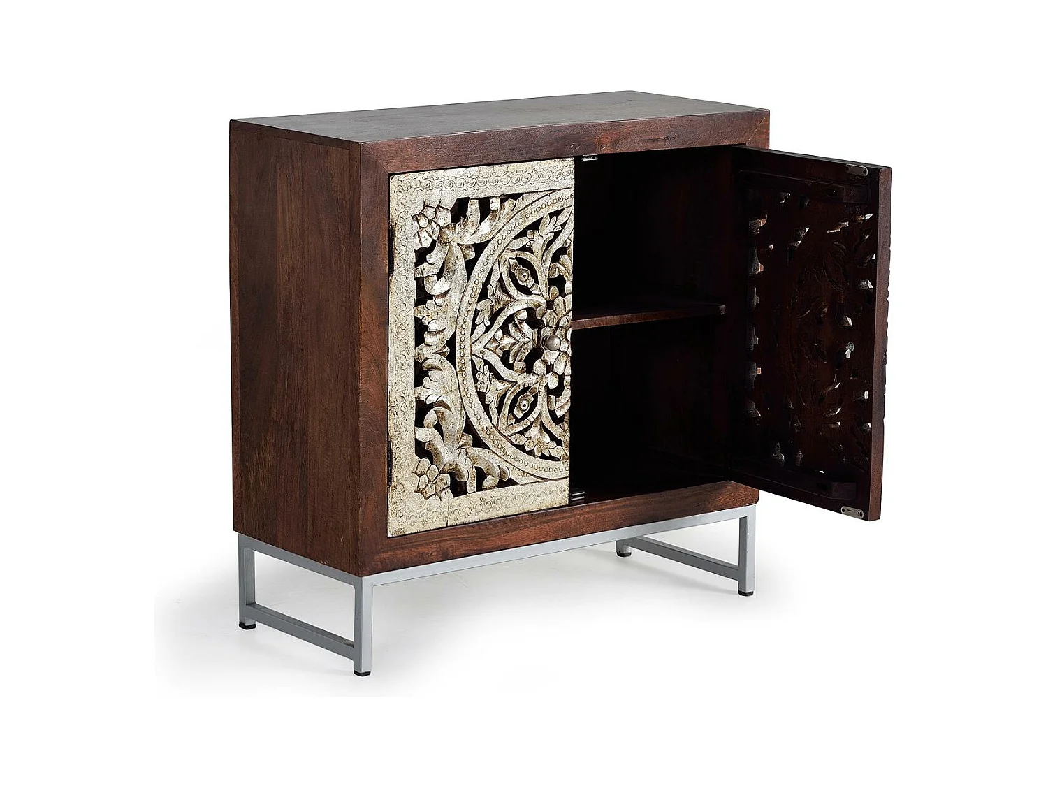 Buffet 2 portes en bois de manguier sculptée et  feuille d'argent