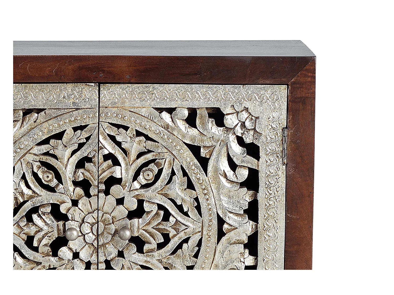 Buffet 2 portes en bois de manguier sculptée et  feuille d'argent