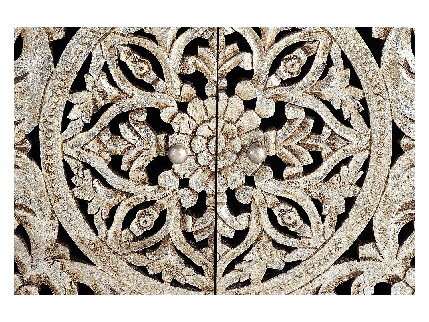 Buffet 2 portes en bois de manguier sculptée et  feuille d'argent